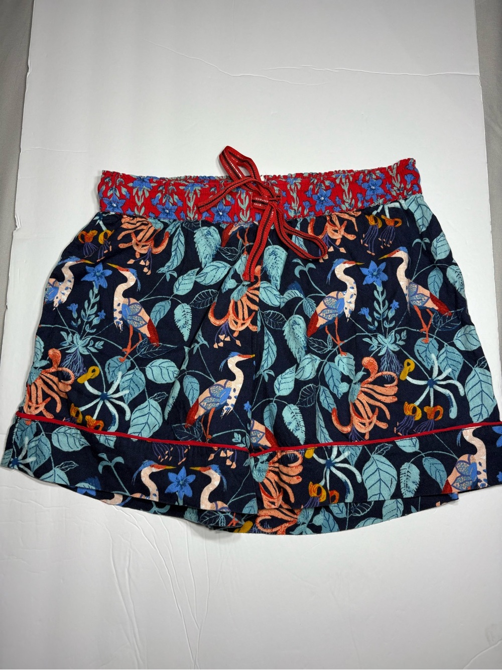 Anthropologie Navy Floral & Bird Print Pajama Shorts with Red Waistband